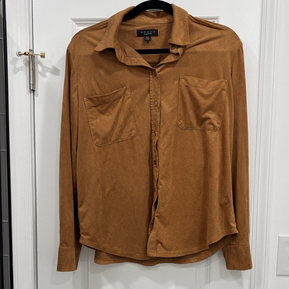 Grace Tops - Womens Faux leather Camel Top